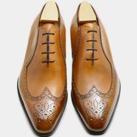 One Cut Classic Wingtip Brogue Pattern Tan Leather Lace Up Gift Shoes Ideal Price - Thumbnail 1