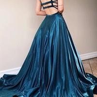 Elegant A-Line Scoop Neck Dark Emerald Green Satin Long Prom Evening Dresses,Formal Party Dresses - Thumbnail 1