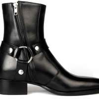 Men's Handmade Pure Leather Stylish Buckle Chelsea Black Ankle High Zipper Boot - Thumbnail 2