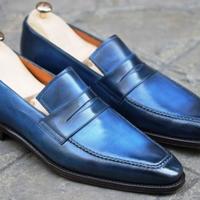 Navy black two tone Finishing Genuine Leather Penny Loafer Slips On Shoes Handmade Edition - Thumbnail 1