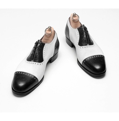 Handmade Mens Two Tone Formal Shoes, Me Black And White Spectator Shoes