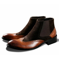 Handmade Mens Two Tone Chelsea Boots, Men Brown Leather and Suede Boots - Thumbnail 4