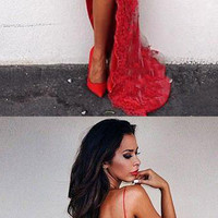 SP1376,Sexy Slit Prom Dress, Spaghetti Straps Red Lace Graduation Dress - Thumbnail 2