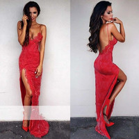 SP1376,Sexy Slit Prom Dress, Spaghetti Straps Red Lace Graduation Dress - Thumbnail 3