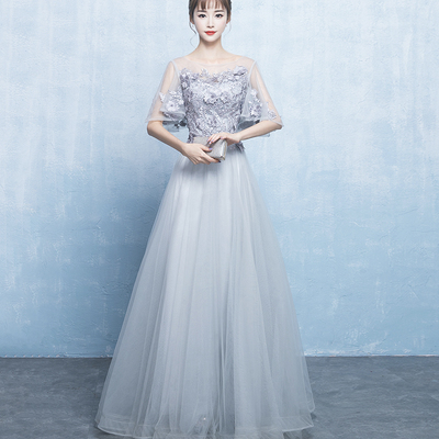 Gray tulle lace long prom dress evening dress - Thumbnail 1