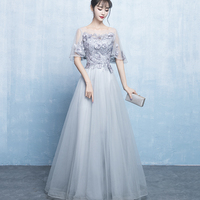 Gray tulle lace long prom dress evening dress - Thumbnail 3