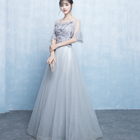 Gray tulle lace long prom dress evening dress - Thumbnail 4