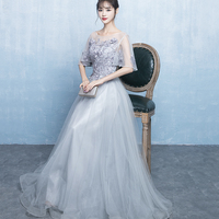 Gray tulle lace long prom dress evening dress - Thumbnail 2