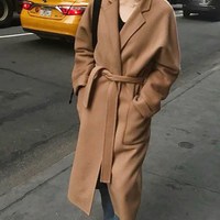 Solid Color Elegant Woolen Women's Coat - Thumbnail 2