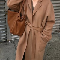 Solid Color Elegant Woolen Women's Coat - Thumbnail 3