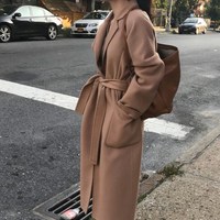 Solid Color Elegant Woolen Women's Coat - Thumbnail 5