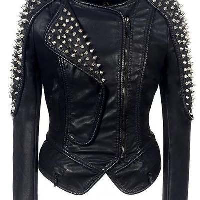 Women black leather studded jacket, women biker jacket, racer jacket, rock punk fashion jacket