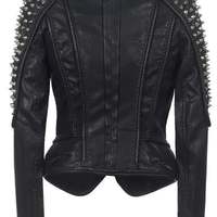 Women Black Leather Studded Jacket, Women Biker Jacket, Racer Jacket, Rock Punk Fashion jacket - Thumbnail 1