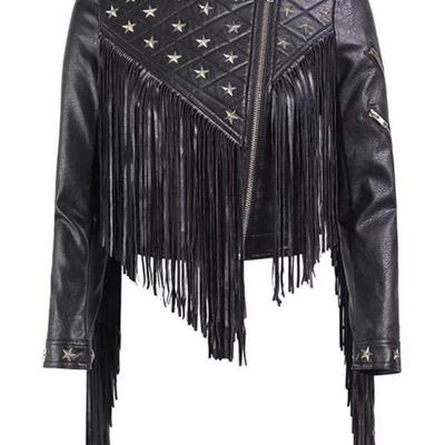 Women black leather jacket with star shaped studs and long fringes, western fashion jacket, fringes jacket, studded jacket