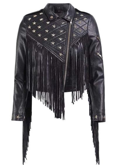 Women Black Leather Jacket with Star shaped Studs and Long fringes, Western Fashion Jacket, Fringes Jacket, Studded Jacket