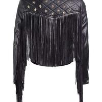 Women Black Leather Jacket with Star shaped Studs and Long fringes, Western Fashion Jacket, Fringes Jacket, Studded Jacket - Thumbnail 1