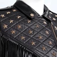Women Black Leather Jacket with Star shaped Studs and Long fringes, Western Fashion Jacket, Fringes Jacket, Studded Jacket - Thumbnail 2