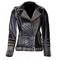 Women Black Studded Leather Jacket, Gothic Ladies Leather Jacket, Biker Jacket for Women, Fashion Jackets - Thumbnail 5
