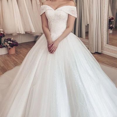 Ball gown off the shoulder white tulle beaded wedding dresses 2021 - Thumbnail 3