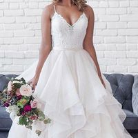 Elegant A-Line V Neck White Tulle Wedding Dresses,Lace Bride Dresses - Thumbnail 1