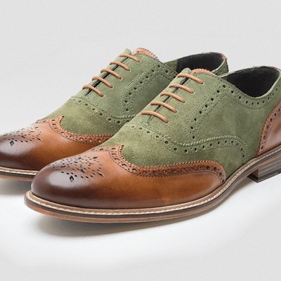 Green suede brown genuine leather wing tip burnished brogue toe lace up handmade shoes
