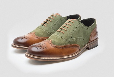 Green Suede Brown Genuine Leather Wing Tip Burnished Brogue Toe Lace Up Handmade Shoes