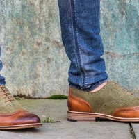 Green Suede Brown Genuine Leather Wing Tip Burnished Brogue Toe Lace Up Handmade Shoes - Thumbnail 1