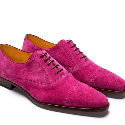 Oxford pink color suede genuine leather brogue cap toe handmade lace up matching sole shoes