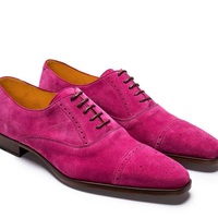 Oxford Pink Color Suede Genuine Leather Brogue Cap Toe Handmade Lace Up Matching Sole Shoes - Thumbnail 1