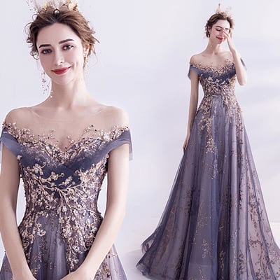 Purple tulle sequins long prom dress evening dress - Thumbnail 5