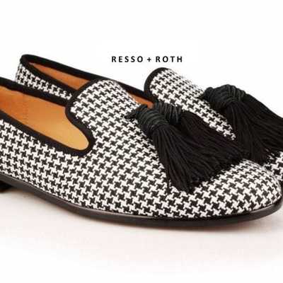 Handmade black & white denim tussles loafer moccasin shoes,men's dress shoes - Thumbnail 2