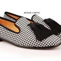 Handmade Black & White Denim Tussles Loafer Moccasin Shoes,Men's Dress Shoes - Thumbnail 1