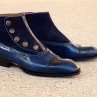 Handmade Blue Leather & Suede Cap Toe Ankle Button Top Dress Boot,Men's Boot - Thumbnail 4