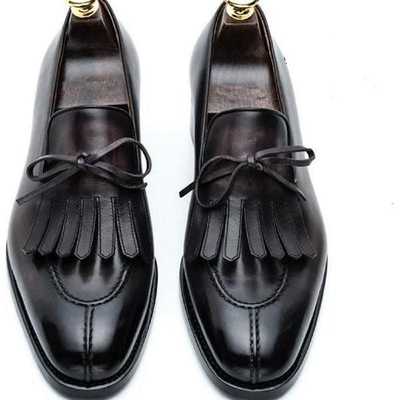 Handmade black split toe fringe shoes, men's dress shoes - Thumbnail 1