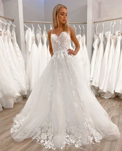 Gorgeous A Line V Neck Spaghetti Straps Wedding Dresses with Appliques