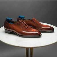 Handmade Brown Leather & Suede Square Toe Shoes,Men's Dress Shoes - Thumbnail 1