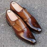 Handmade Brown Monk Straps Leather Party Wear Shoes,Men's Dress Shoes - Thumbnail 1
