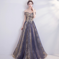 Purple tulle lace long prom dress evening dress - Thumbnail 1