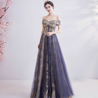 Purple tulle lace long prom dress evening dress - Thumbnail 3