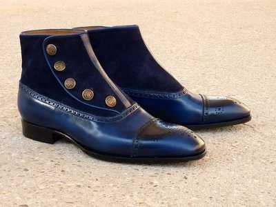Handmade Blue Leather & Suede Cap Toe Ankle Button Top Dress Boot,Men's Boot