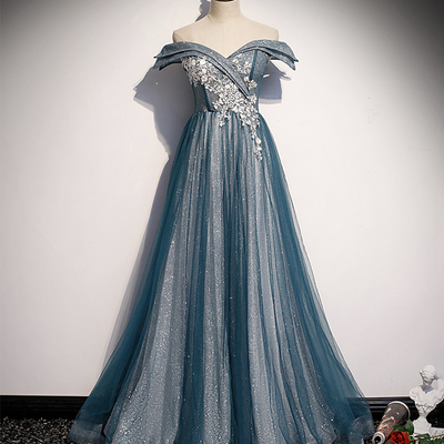 Blue tulle lace long prom dress off shoulder evening dress - Thumbnail 4