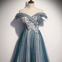 Blue tulle lace long prom dress off shoulder evening dress - Thumbnail 1