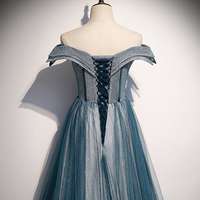 Blue tulle lace long prom dress off shoulder evening dress - Thumbnail 2