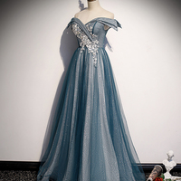 Blue tulle lace long prom dress off shoulder evening dress - Thumbnail 4