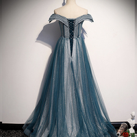 Blue tulle lace long prom dress off shoulder evening dress - Thumbnail 5