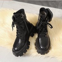 Lace up Black Side Pocket Design Buckle Ankle Boots - Thumbnail 2