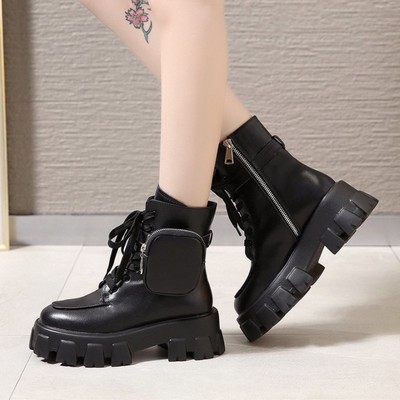 Lace up black side pocket design buckle ankle boots - Thumbnail 5