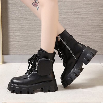 Lace up Black Side Pocket Design Buckle Ankle Boots