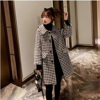 Winter Black and White Plaid Woolen Coat - Thumbnail 2