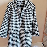 Winter Black and White Plaid Woolen Coat - Thumbnail 4